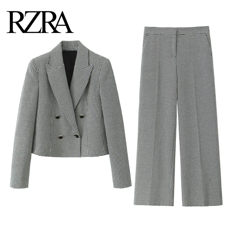 RZRA2024 autumn and winter new women's plaid short lapel long-sleeved casual suit jacket high waist wide leg casual trousers