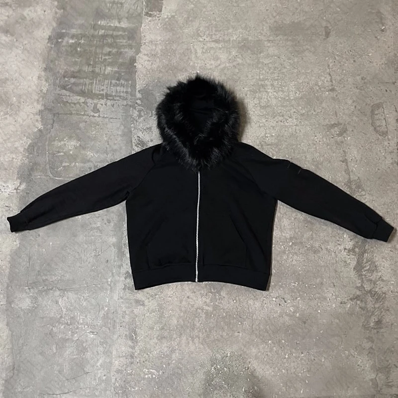 Autumn\winter Black Zip Up Fur Patchwork Design Women Men Hoodies Fashion Warm Korean Style Sweatshirts Y2k Long Sleeved Unisex