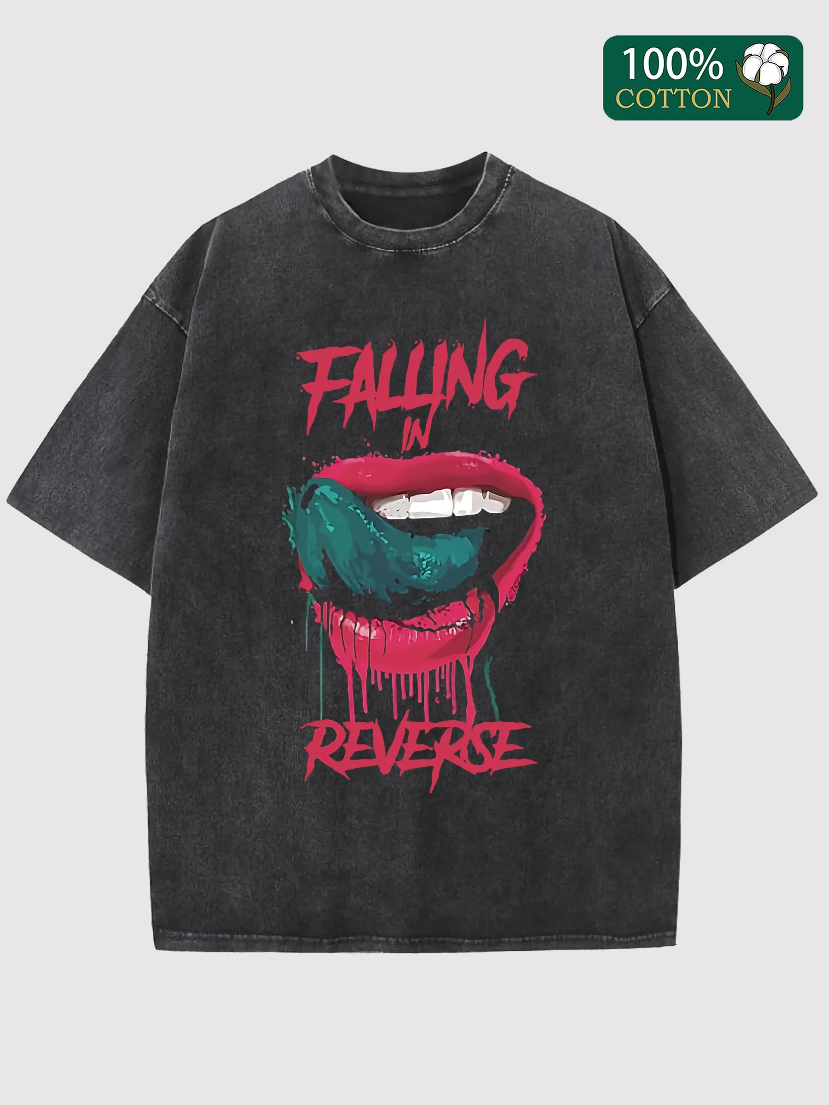 

Lips pattern front print, vintage washed cotton men's T-shirt, short sleeved top, streetwear