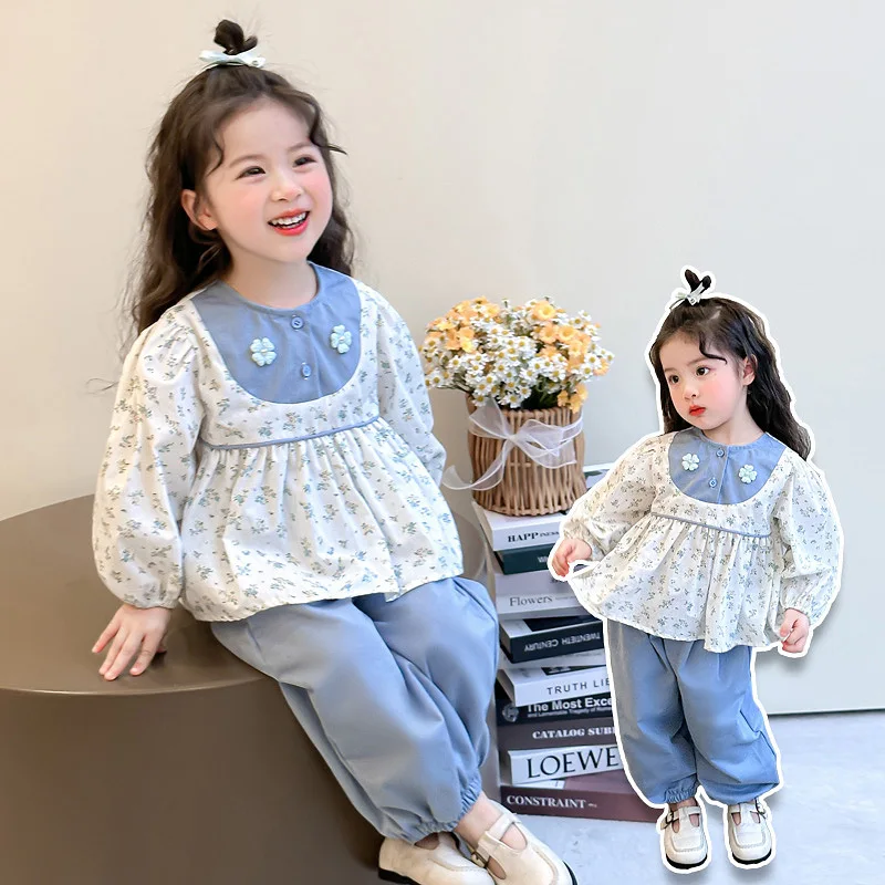 Girls' Suit 2025 Spring New Little Girl Blue Flower Doll Shirt + Casual Pants Two-piece Set  Girls Clothes