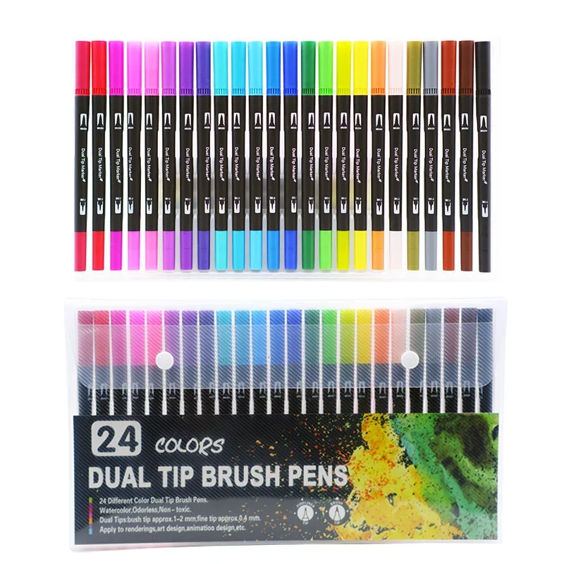 12/24 pcs Watercolor Art Markers Brush Pen Dual Tip Fineliner Colors Drawing Set with PP Bag for Calligraphy Art Supplies