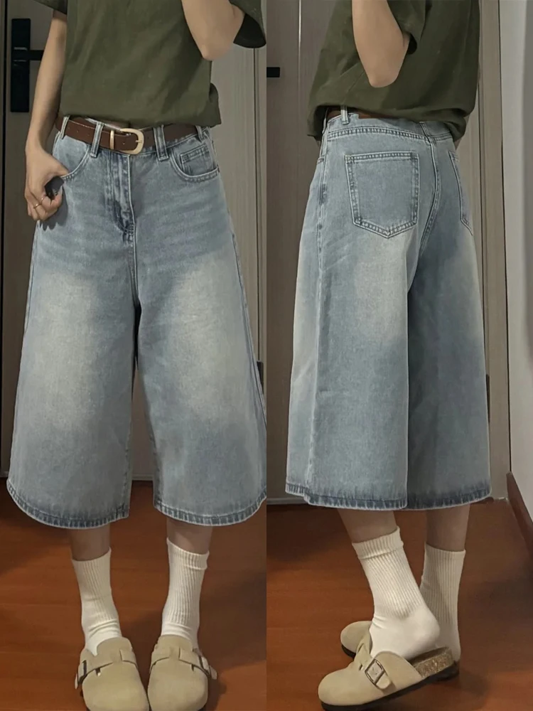 Loose Wide Leg Jeans Women's plus Size Slimming Light Blue Denim Casual High Waist Seven-Five-Length Anti-Wrinkle Cotton Blend