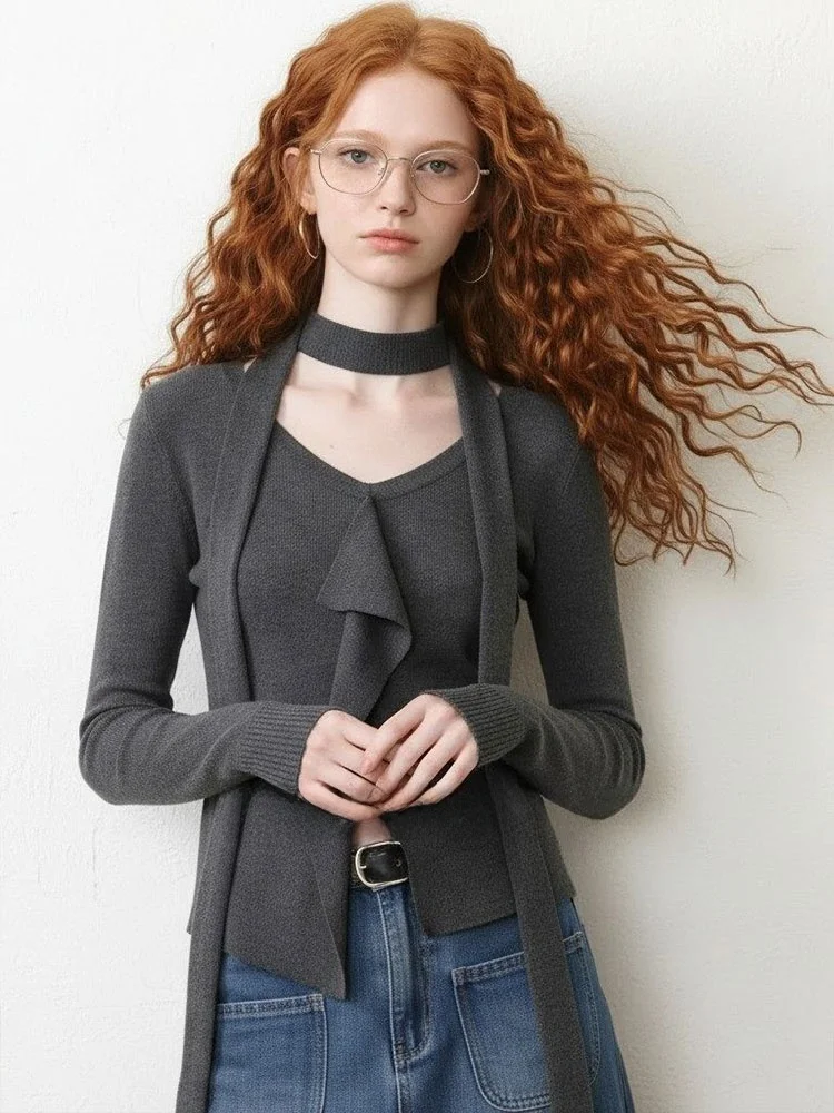 

ZhuoZhi Casual Long Sve Knitted Sweater Deep Wine Red V-ne Winter New Sle Waist-cinching Slimming Sweater French Sle