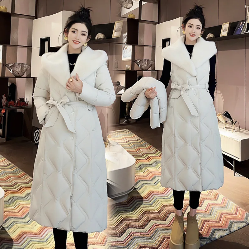 

Элегантное зимнее женское стеганое пальто со съемными манжетами и галстуком-бабочкой, парка с меховым воротником, куртка-парка для женщин, длинная женская верхняя одежда выше колена