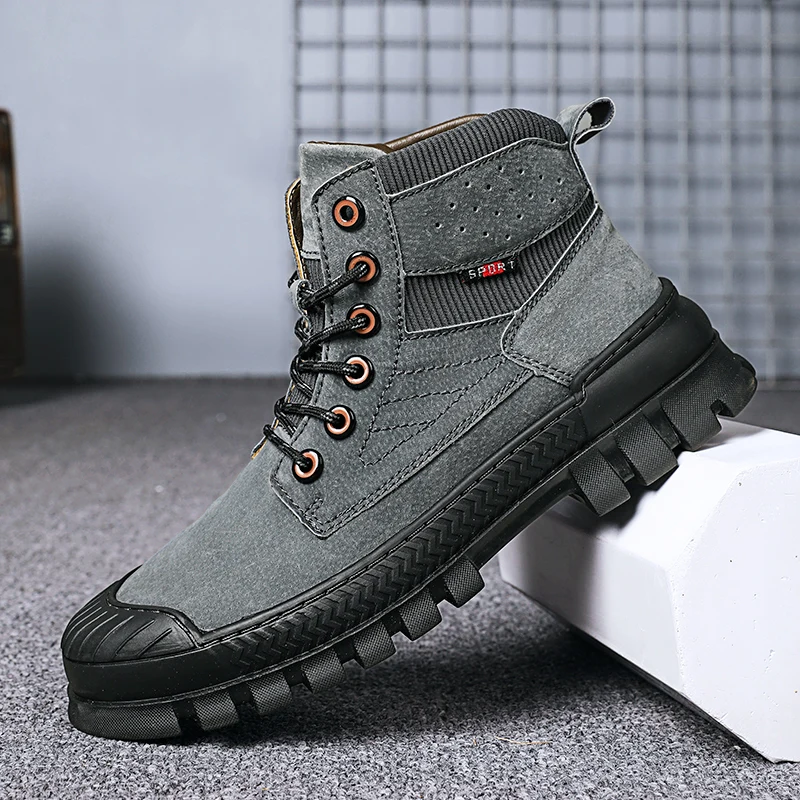HIKEUP Men‘s Martin Boots Outdoor Sneakers Breathable Trail Walking Shoes Hiking Sports Tactical Men Shoes Cow Leather
