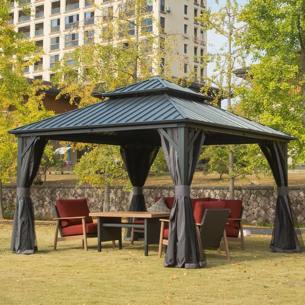 

Gazebos 12x12FT, Aluminum Metal Gazebo Galvanized Steel Double Roof Canopy, Curtain Netting,Gazebo Pavilion for Patio, Grey