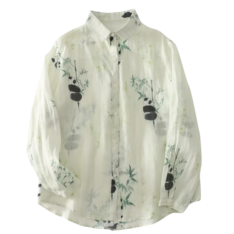 Jesienny Nowy Nadruk Panda Sle, Artystyczny Top Damski, Luźny Krój, Długi Rękaw, Mieszanka Bawełny i Poliestru