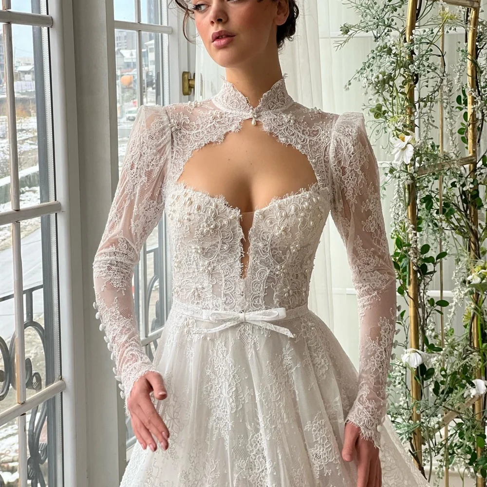 Amanda Customized White Bow Button Lace Flowers Embroidery فساتين سهرات Long Sleeves vestidos de fiesta Strapless Wedding Dress