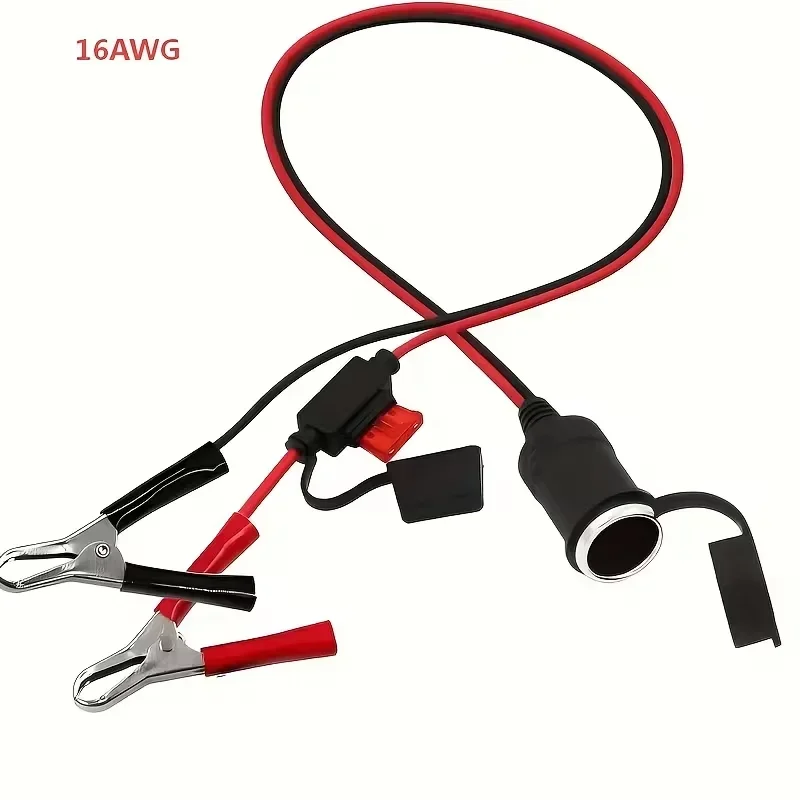 12AWG HeavyDuty CigaretteLighter Plug To Alligator‑Clips Extension Cable OverCurrent Fuse Protected Wire for Marine Boat Battery