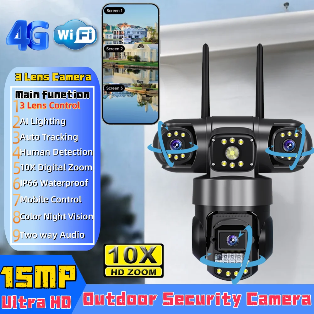 3 Lens Video Surveillance Camera Wifi Network CCTV Camera 4G SIM Card Wireless 360 Monitor Outdoor Waterproof Security Cameras