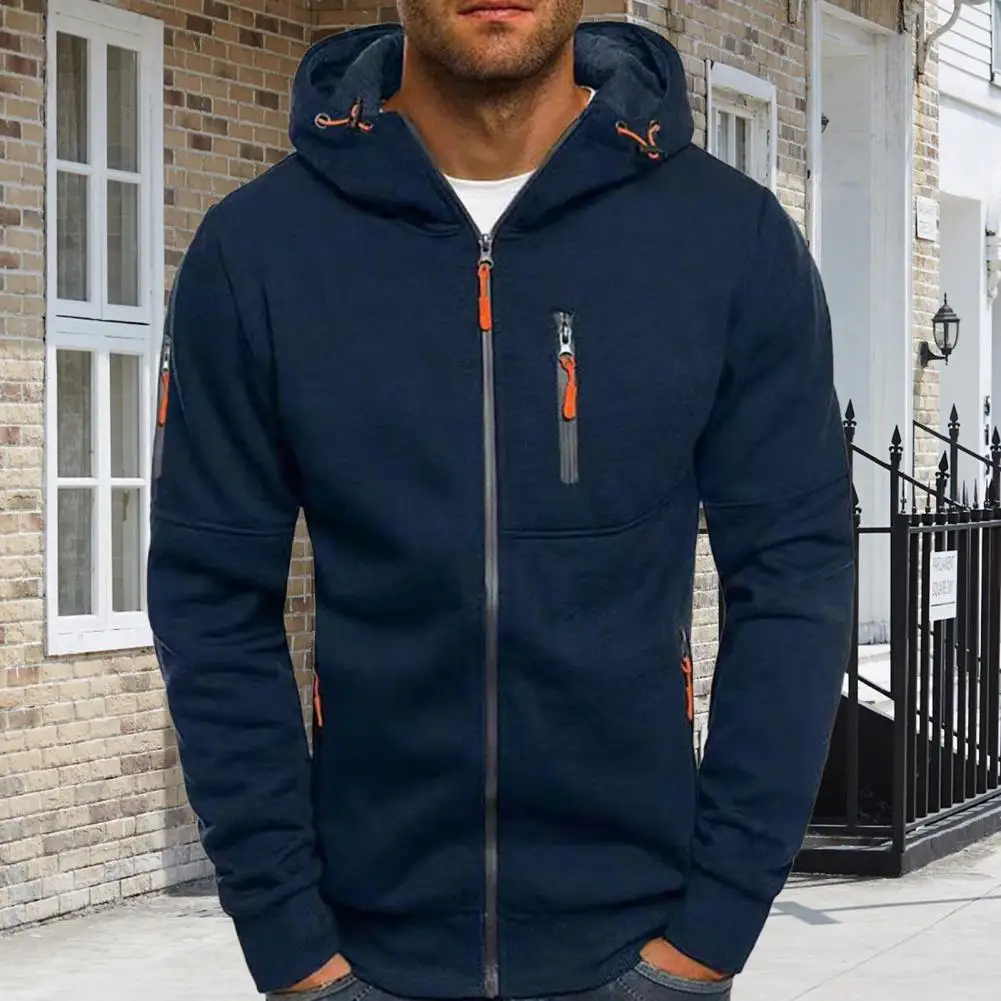 

Mens Winter Hoodie Loose Zip-up Long Sleeves Zipper Pockets Hooded Cardigan Thin Pure Color Daily Wear Casual Coat