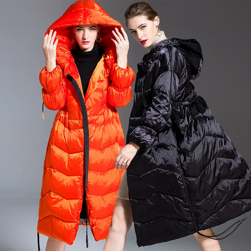 Hochwertige Luxus-Design-lange Daunenjacke mit Gürtel für Damen, Winter, warm, mit Kapuze, Trenchcoat, winddicht, Schneejacke, schmaler Daunenmantel