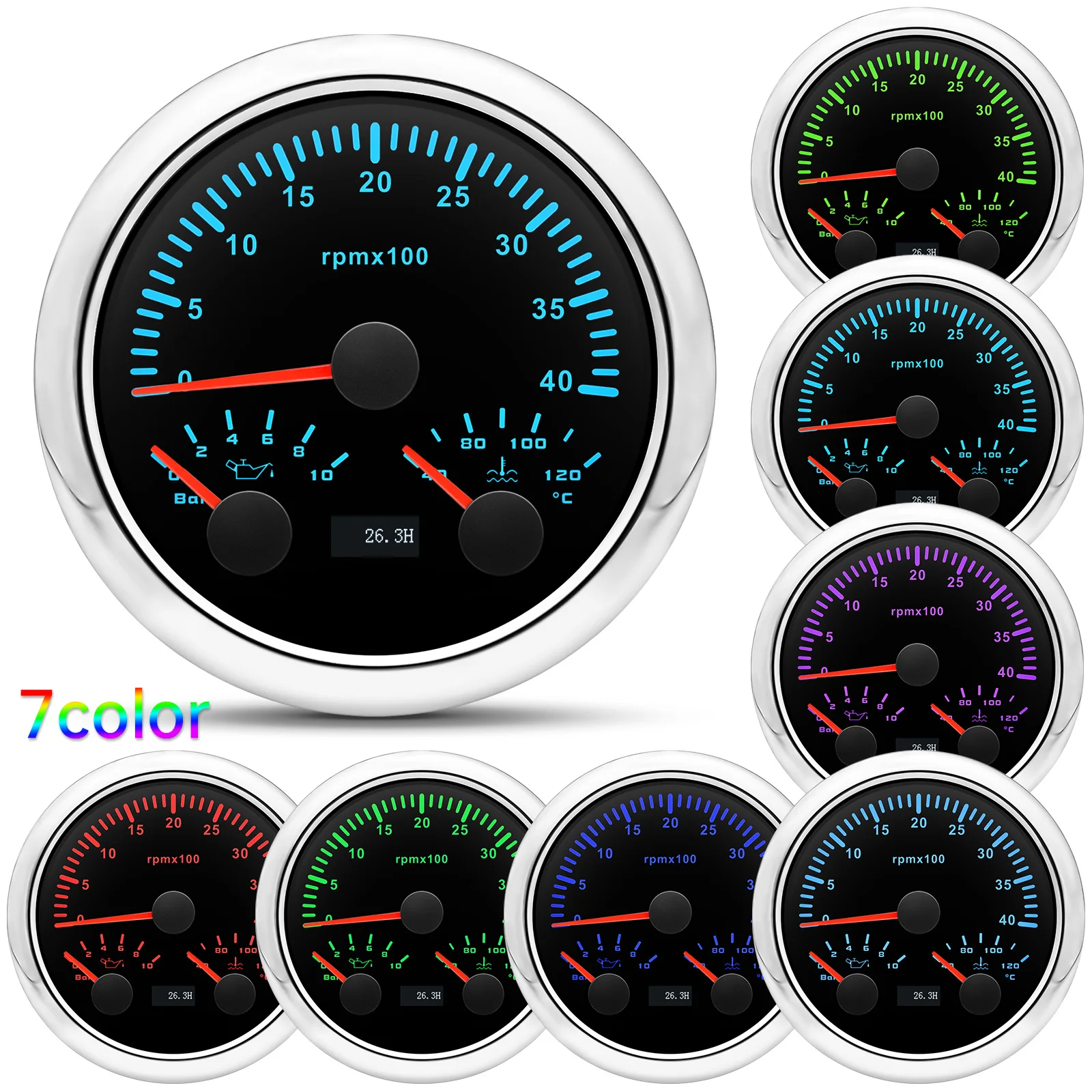 3 IN 1 7 Color Light 85mm Tachometer+Oil Pressure+Water Temp Gauge with Sensor 1/8NPT for Car Boat 4000RPM,6000RPM,7000RPM,8000R