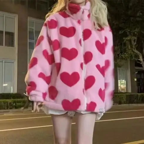 

Winter Japanese Coats Korean Fashion Kawaii Lambswool Coats Pink Heart Women Faux Fur Teddy Jackets Outerwear Female Overcoat