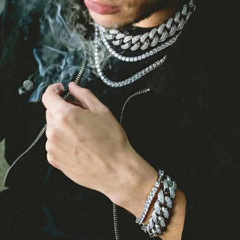 

Mens Cuban Link Chain Hip-Hop Studded Necklace Punk Stylish Alloy Neck Jewelry For Party Daily Wear Gift Chains Men Hip Hop