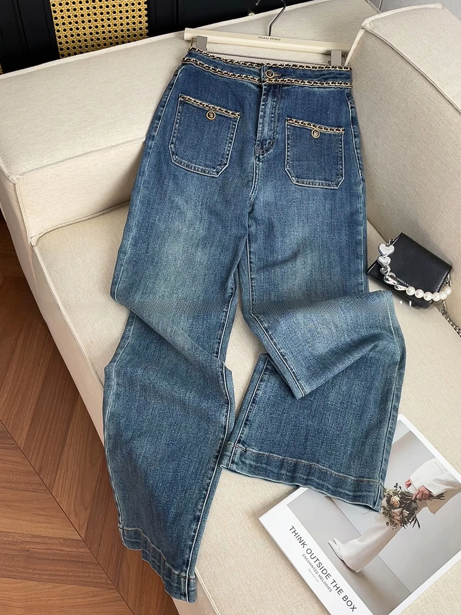 레트로 패셔너블 여름 신상 체인 디자인 슬림 스트레이트 와이드 레그 웨이드 아웃 진 여성용 하이웨이스트 스트레이트 레그 진