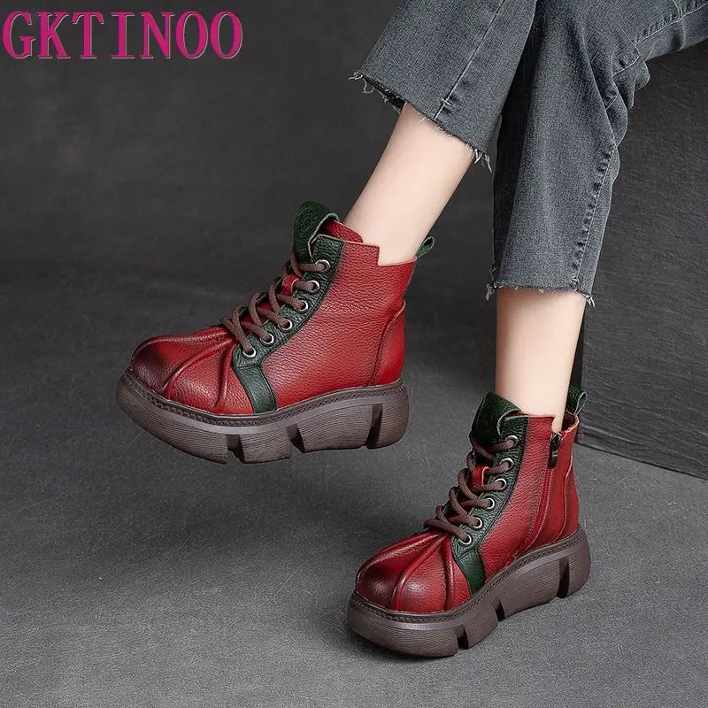 GKTINOO 2024 Vintage Style Genuine Leather Women Boots Flat Booties Soft Cowhide Women\'s Shoes Zip Ankle Boots zapatos mujer