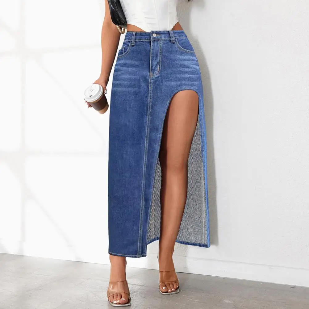 Button Closure Maxi Skirt Denim Maxi Skirt with High Waist Side Slit Design Solid Color Washed Long Skirt with Pockets for Women