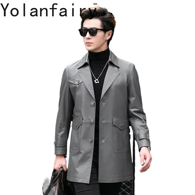 YOLANFAIRY Genuine Leather Jacket Men Real Cowhide Autumn Coat Men Clothing Grey Leather Jacket Business Casual Tops Chaquetas