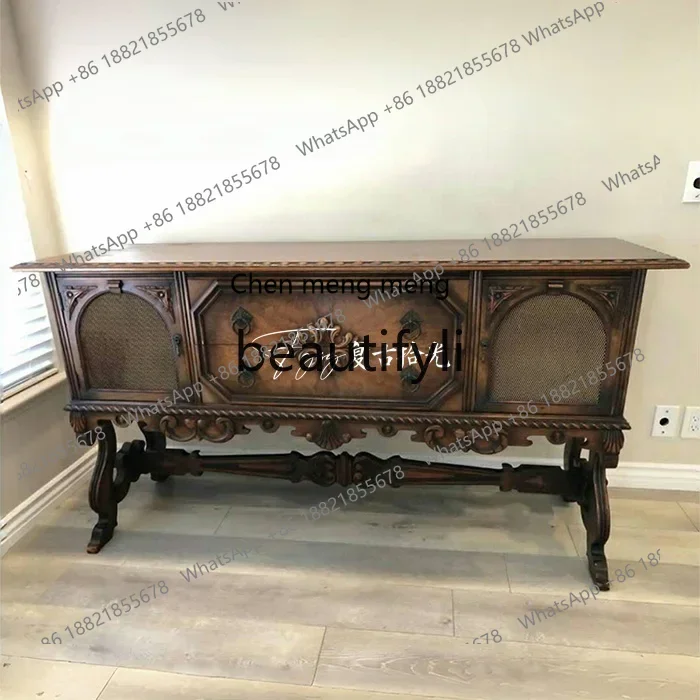 

xz1American retro solid wood entrance cabinet, living room rattan art cabinet door, storage and dining side cabinet