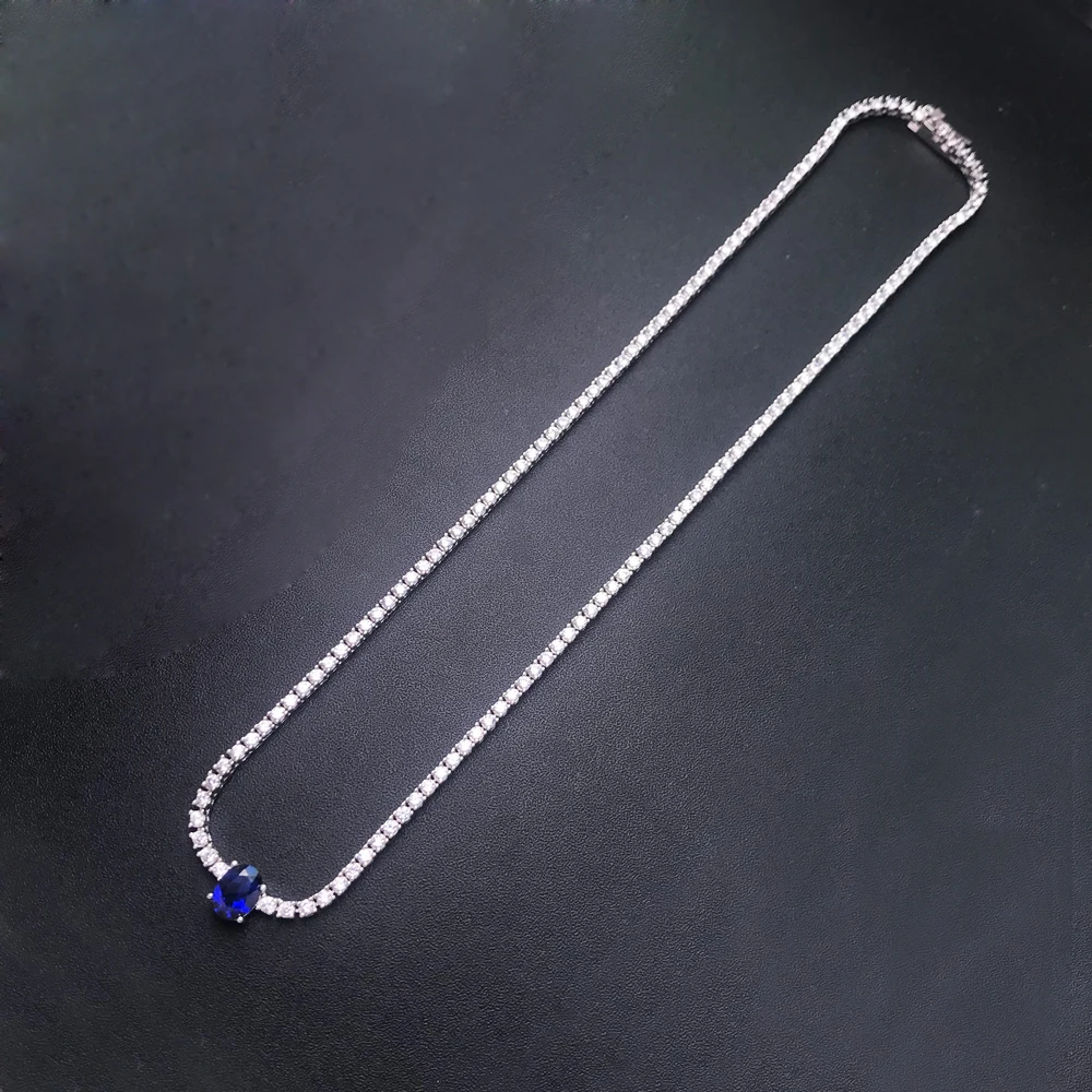 CSJ Real 925 Sterling Silver Tennis Chain Necklace 16/18 Inch Setting Pave Sparkly Zircon 2mm Sapphire for Women Jewelry Gift