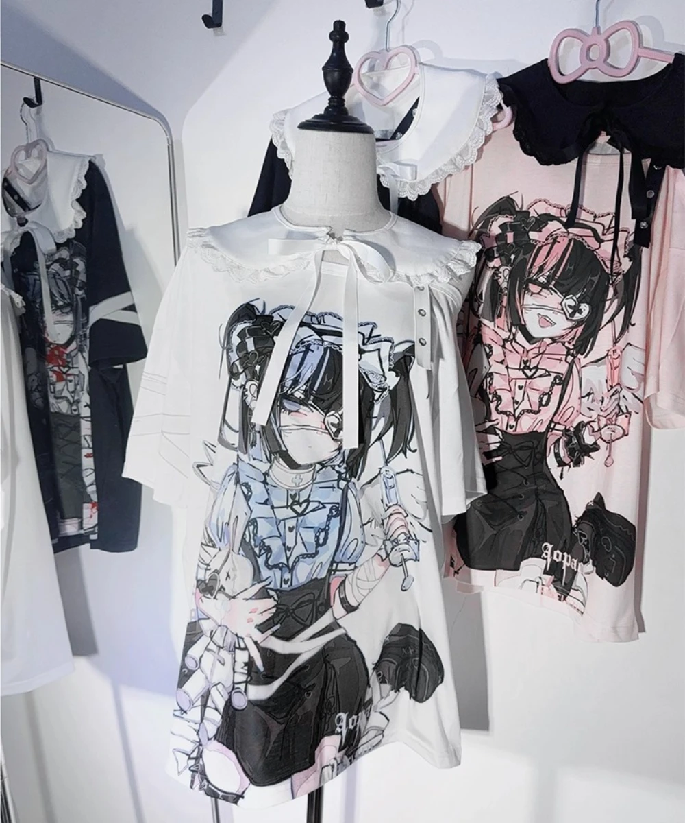 

Japanese 2D T-shirt Sweet Cartoon Printed Comics Doll Collar Subcultural Short Sleeve Loose Kawaii Tees Cosplay Cute Top Tees