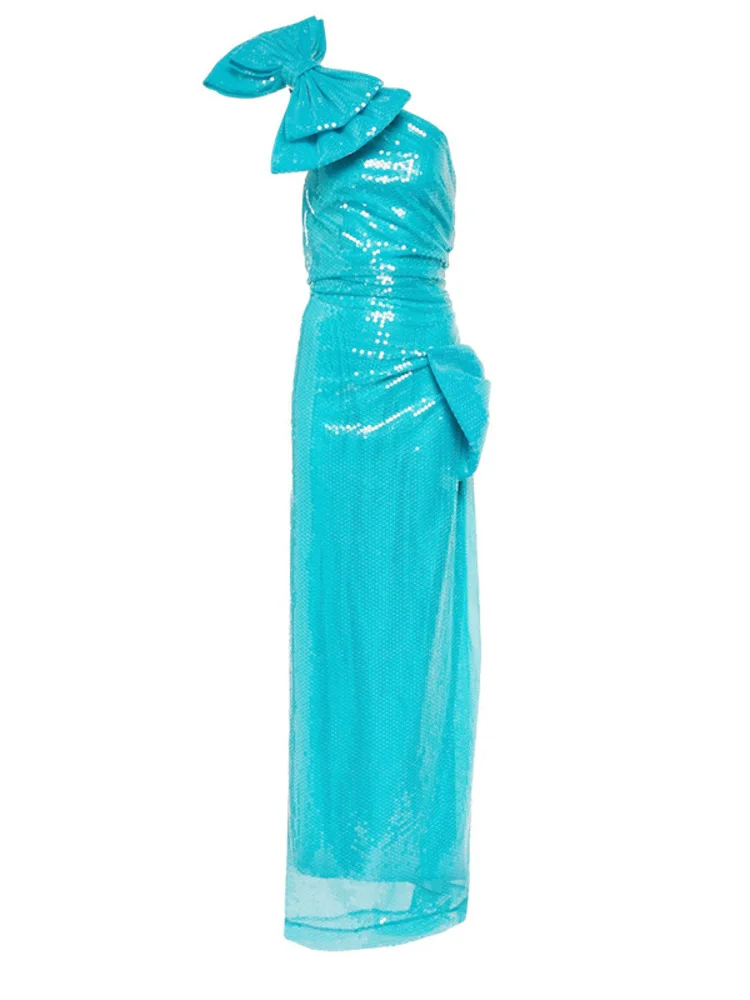 Bow Tie Jazz Dance Costumes Rave Dress Models Irregular Urban Latin Women One Shoulder Stage Sequins Y2k Dresses 2025 New - Image 5