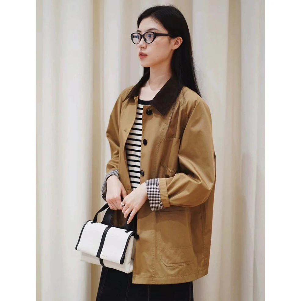 

Briti Retro Cotton Flannel ort Coat Women's Sle High Densi Cotton Collar Stand up Inner Liner Spring Faion Outerwear