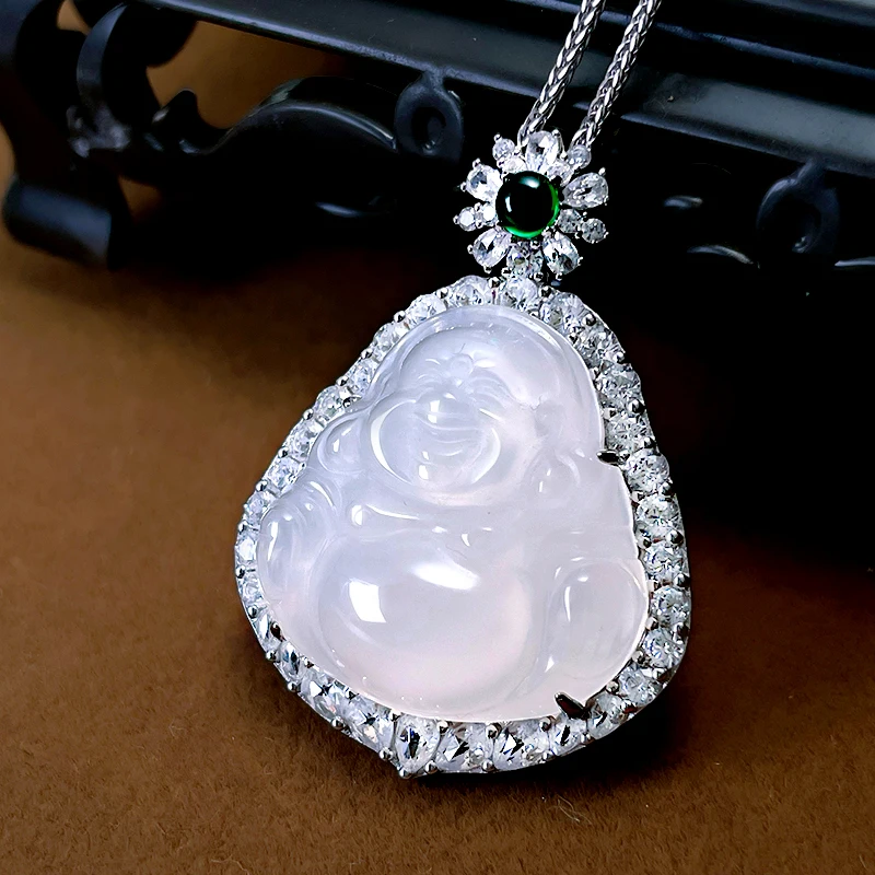 Water Foam Jade Buddha, White Chalcedony Ice Seed Pendant, Maitreya Buddha 925 Silver Inlaid High Carbon Diamond Necklace