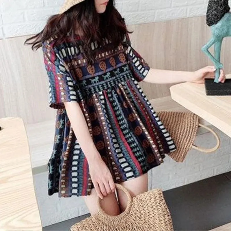 Mori Girl Style Folk Printed T-shirt Loose Casual Round Neck Summer Short Sleeve Women\'s Clothing Commute Patchwork Pullovers