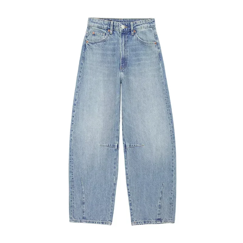 

Elegant Distressed Medium Waist Women Denim Pants Vintage Washed Loose Fitting Button Pockets Jeans Chic Ladies Commute Trousers