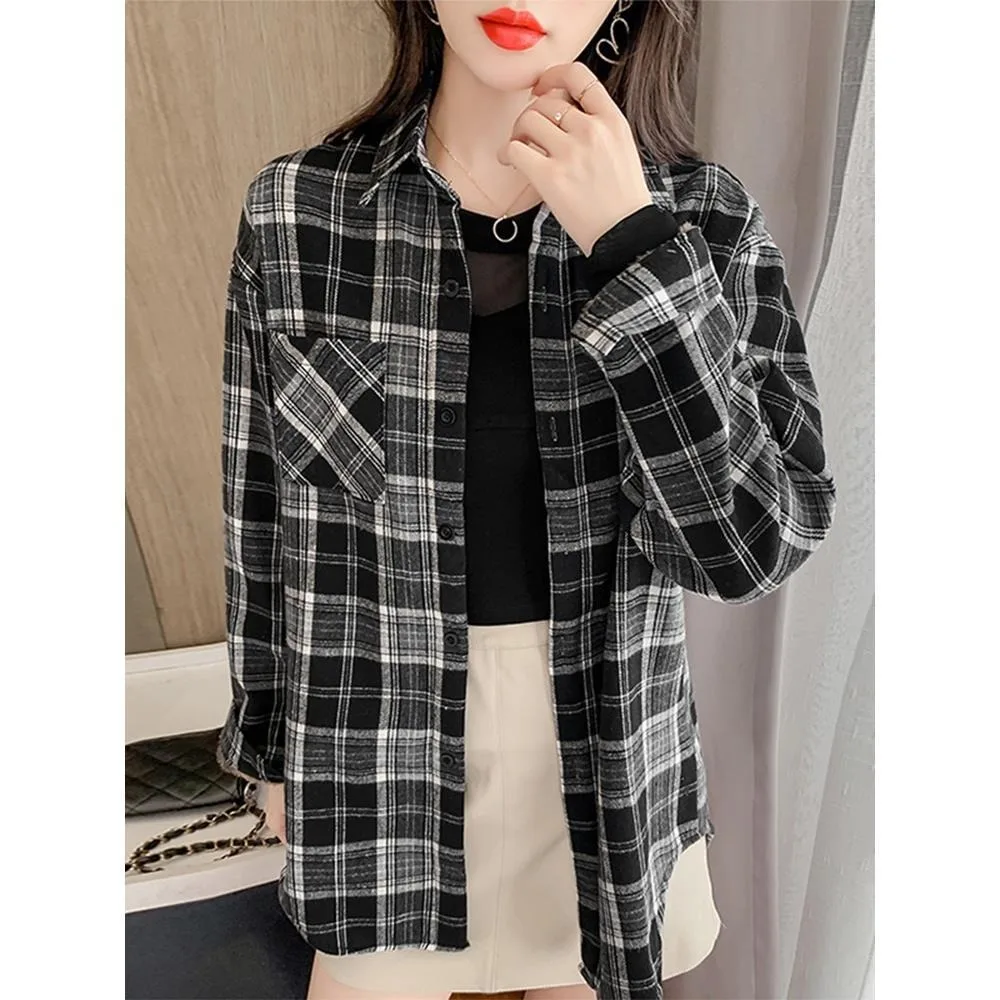 2023 New Loose Design Cotton Plaid Shirt Women Young Style Long Sleeve Blouses Casual Shirts Lady Tops Clothes Blusas  blouse