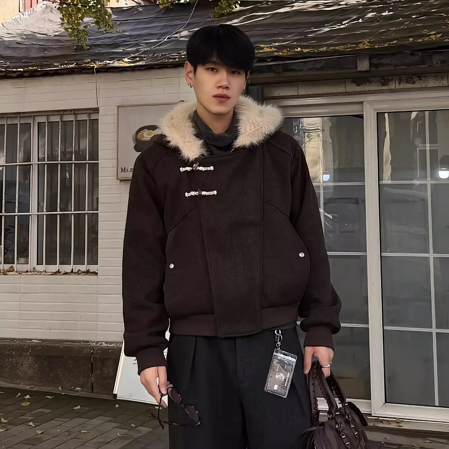 

Heavyweight American Style Cotton Jacket with Horn Buttons Unisex Large Size 250 Pounds Autumn Winter Hooded Casual Coat