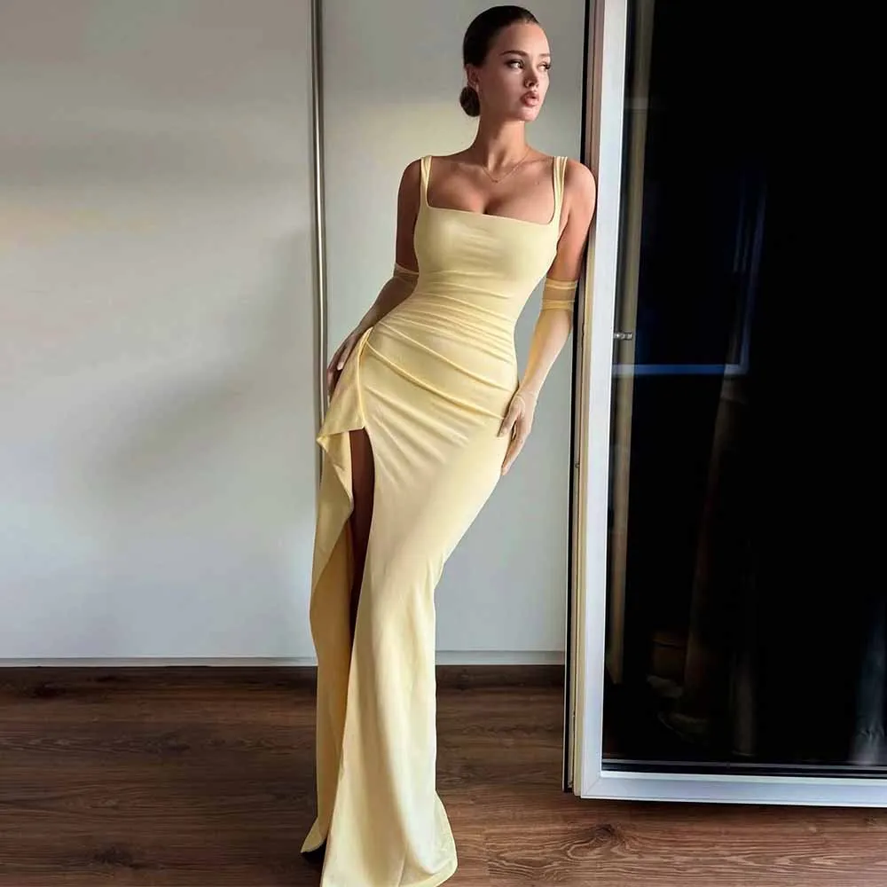 

Сексуальные вечерние платья 2025 Джерси-футляр/колонна Платья на день рождения Бледно-желтый с квадратным вырезом и оборками по бокам Длинные вечерние платья