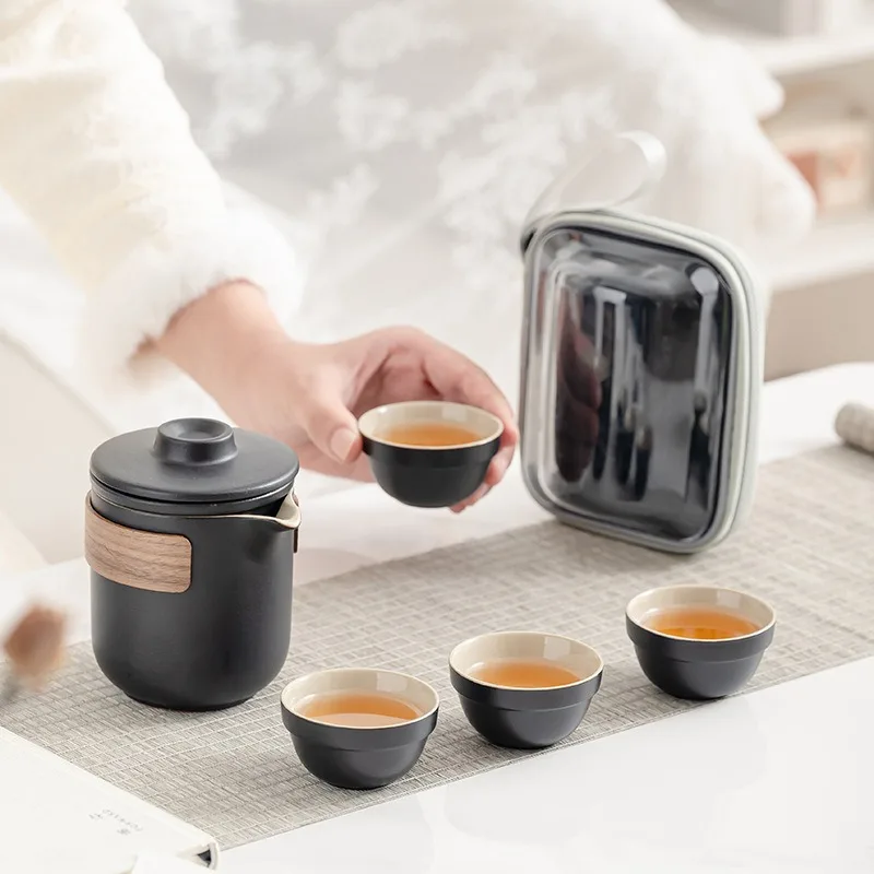 

Coarse pottery travel kung fu tea set, simple express cup, portable transparent bag, business trip outdoor camping ceramics