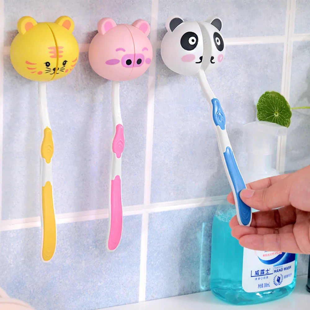 Cute Cartoon Wall Mounted Toothbrush Holder Animal shape Mount with Suction Grip Wall Rack Bathroom Accessories Toothbrush Stand