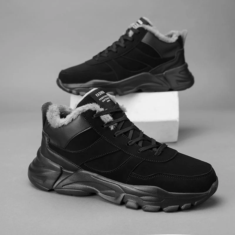 Men's Fleece Lined Snow Shoes,Winter Warm Waterproof Slip On Ankle Boots Leather Sneakers Casual Shoes