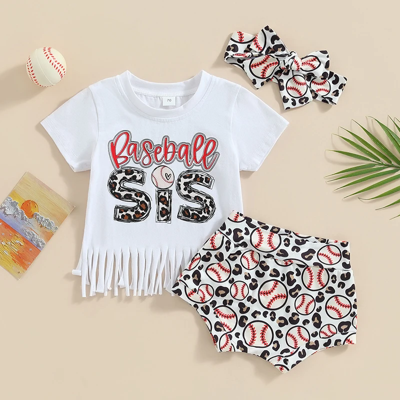 

Baby Girl Baseball Outfits Clothes Short Sleeve Tassle Tee Shirt Short Pants Headband 3Pcs Summer Clothing Set