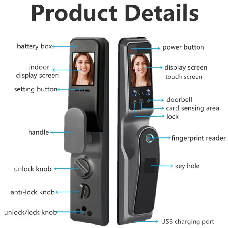 Moblie WIFI Tuya Biometric Fingerprint Facial Face Recognition Palm Print Card Password Key Smart Home Door Lock Access Control