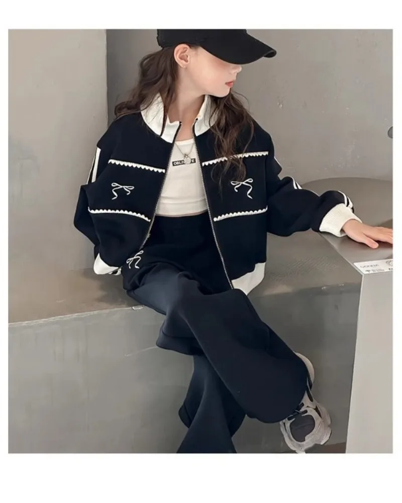 UNITIM Herbst Kinder Mädchen 2-teiliges Kleidungsset Schleifendruck 4-14 Jahre Kinder Mädchen Reißverschluss-Mäntel Anzüge Lose Junior Mädchen Hosen Outfits – Detail 9