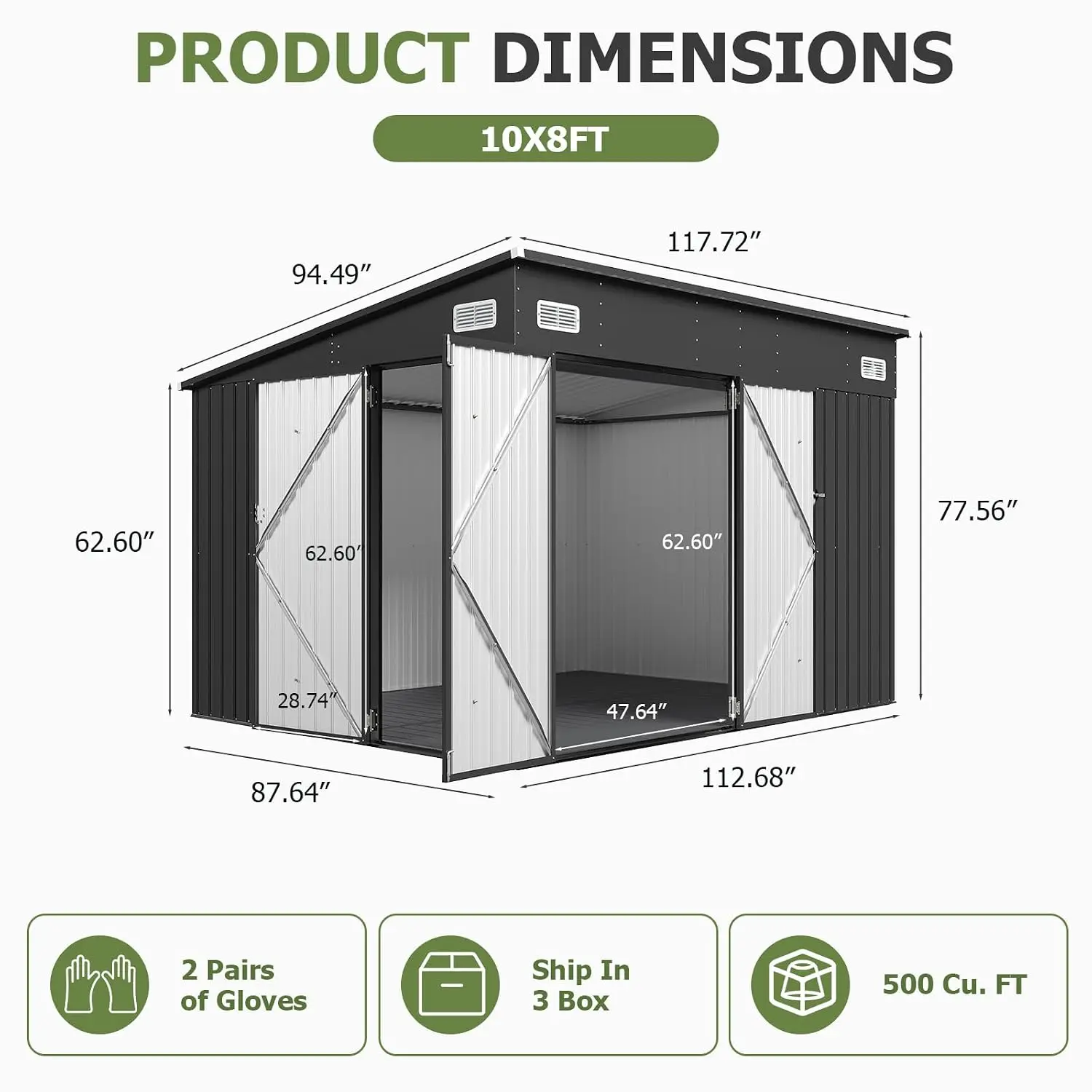 Outdoor Storage Shed 9.5'x7.5' with 3 Lockable Doors & 14mm PP Floor, Customized