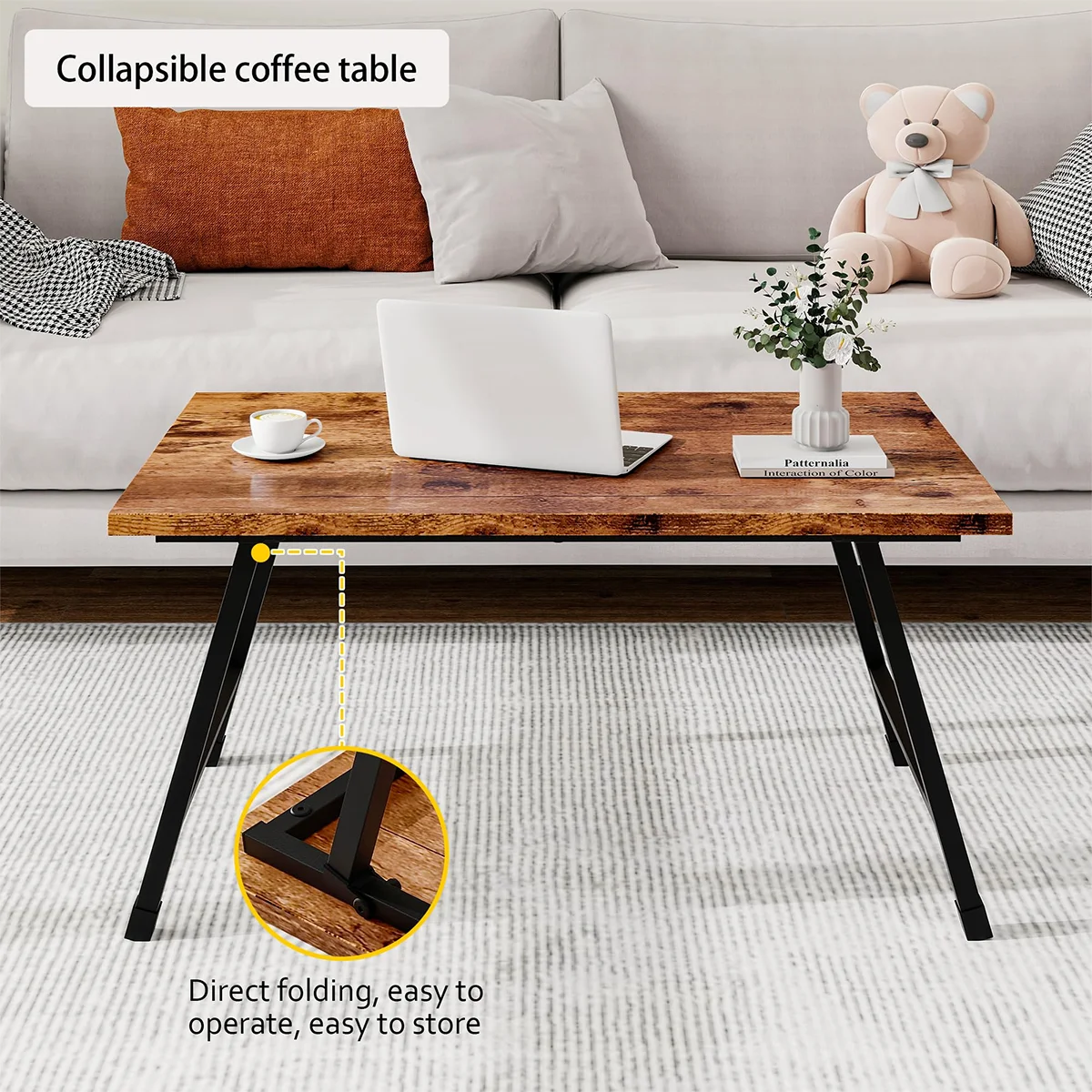 Black Coffee Table Foldable,Simple Modern Rectangular Center Table, Industrial Wood Tabletop and Metal Frame, Low Coffee Table