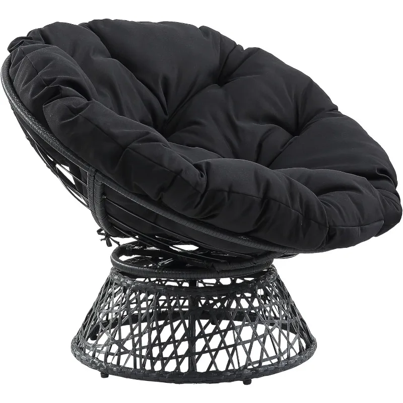 OSP Home Furnishings Wicker Papasan Chair with 360-Degree Swivel, Grey Frame with Black Cushion