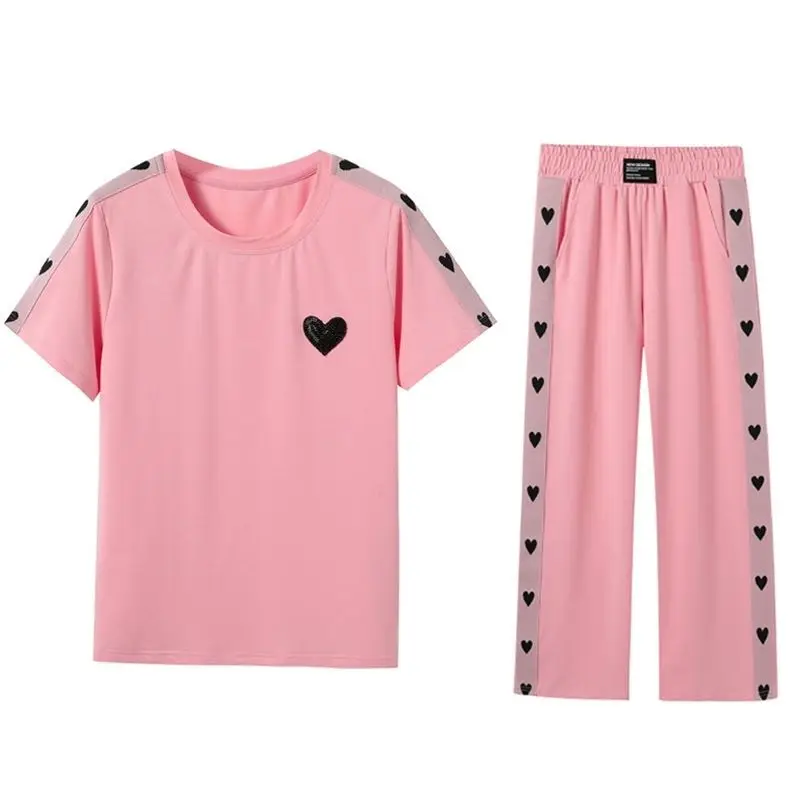 2022 Summer New Plus Size Leisure Sports Women\'s Suit Pink Love T-shirt Loose Wide Leg Pants Two-piece Set Female Tracksuit