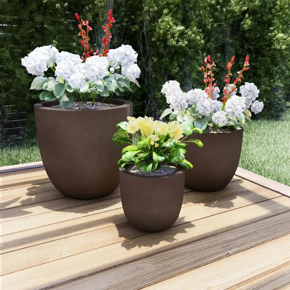 Home Garden Decorations Set of 3 Fiber Clay Planters – Antique Brown Planters for Plants Pots Decoration & Supplies