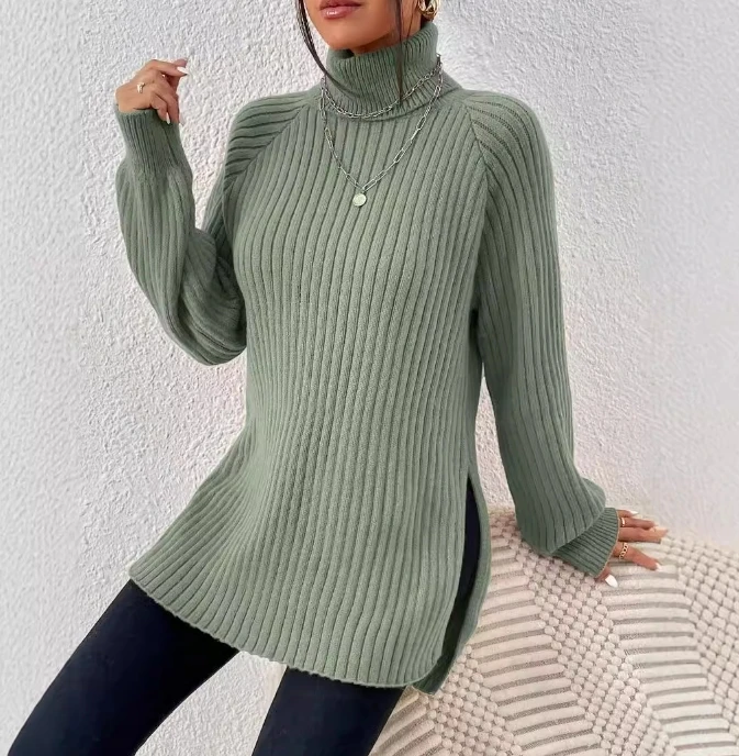 

Women's Lazy Style Solid Color Versatile High Collar Split Sweater Temperament Commuting Autumn & Winter Female Fashion Pullover