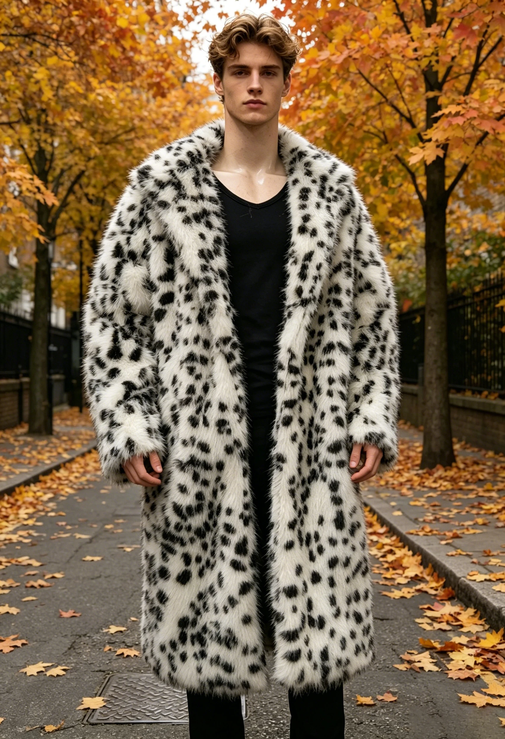 Men's Leopard Print Faux Fur Long Coat, Winter Warm Fuzzy Overcoat, Luxury Streetwear Trench Jacket for Party Club Night Out