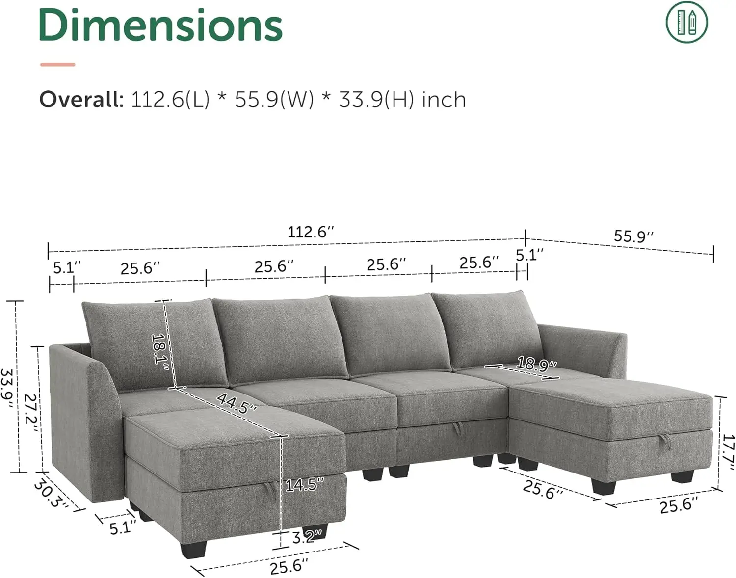 Modular Sectional Sofa with Storage U Shaped Modular Sofa 6-Seater Sectional Couch for Living Room Grey