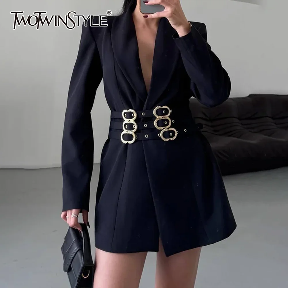 

TWOTWINSTYLE однотонная шикарная куртка с поясом, женская куртка с лацканами и длинными рукавами, утягивающие легкие женские куртки для зрелых женщин, осенняя мода, новинка