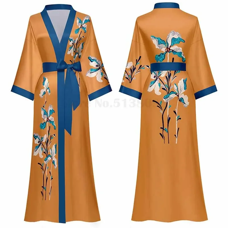 

Длинный халат с принтом, сексуальное кимоно, халат, нижнее белье для женщин, домашнее платье, летняя атласная одежда для сна, женские ночные рубашки с короткими рукавами